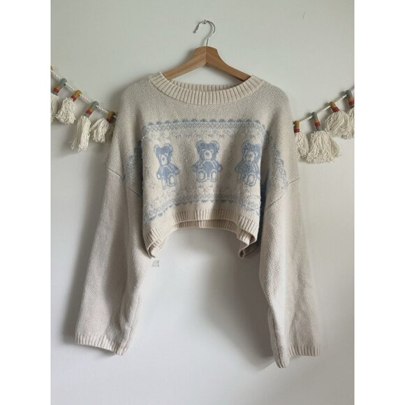 UO Out From Under Teddy Bear Fair Isle Cream Blue Crop Sweater Slouchy Coquette - Picture 1 of 8